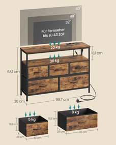 Cómoda com 5 gavetas e 1 prateleira 30 x 98,7 x 68,1 cm e gavetas em Tecido Coleção BELLAH Castanho vintage e preto