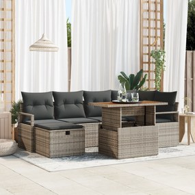 Conjunto de Sofás de Jardim de 7 Peças com Almofadas Cinza Rattan Poli