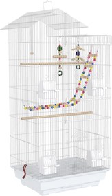 PawHut Gaiola para Passáros de Metal com Portas 4 Comedouros 3 Poleiros Baloiço Escadas e Bandeja Removível  46x36x100 cm Branco | Aosom Portugal