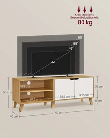 Móvel para televisão com 140 cm de comprimento em carvalho natural e branco-creme