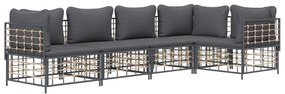 5 pcs conjunto lounge de jardim c/ almofadões vime PE antracite