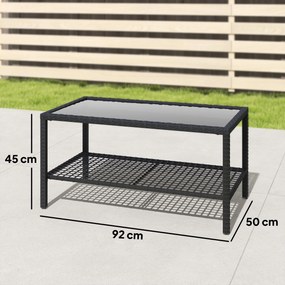 Mesa de Centro de Jardim em Ratã com Prateleira e Tampo de Vidro Temperado Estrutura de Aço 92x50x45 cm Preto