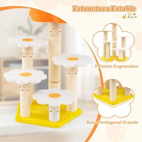 Arranhador para gatos com vários níveis e peluche no topo Poste para arranhar em sisal Plataformas para saltar 59 x 56 x 90 cm Amarelo