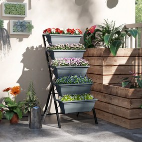 Floreira elevada com andares; floreira vertical com 5 vasos para flores, orifícios de drenagem e estrutura em aço cinzento