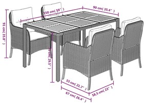 5 pcs conjunto de jantar p/ jardim c/ almofadões vime PE preto