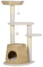 PawHut Árvore Arranhador para Gatos Altura 119cm com 2 Plataformas Poste de Sisal Caverna e Bolas Suspensas 50x50x119cm Bege e Creme