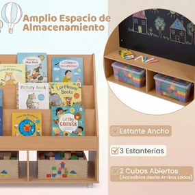Estante infantil móvel com quadro negro  90 x 45,5 x 87 cm, 3 prateleiras e 2 compartimentos abertos, para arrumação no quarto crianças cor natural