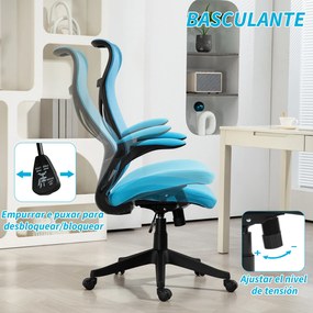 Cadeira de Escritório Giratória com Altura Ajustável Apoio para os Braços Dobráveis e Função Basculante 66x66x113-121 cm Azul