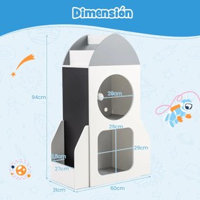 Estante infantil de 3 níveis com tema espacial 60 x 31 x 94 cm, quadro negro e 2 compartimentos para sala de aula, brinquedos e creche – Branco + Cinz