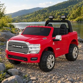 Jipe elétrico para Crianças 24V RAM 3500 Rodas de espuma EVA, assento Couro ecológico Vermelho