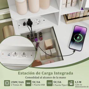 Conjunto de toucador com banco, espelho iluminado LED de 3 cores, mesa de maquilhagem e estação de carregamento integrada para quarto branco