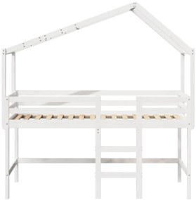 Cama alta c/ escada e telhado 80x200 cm pinho maciço branco