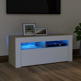 vidaXL Móvel de TV com luzes LED 90x35x40 cm branco e carvalho sonoma