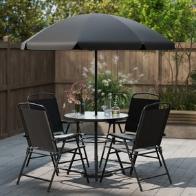 Conjunto exterior de 6 peças com guarda-sol, mesa redonda e cadeiras dobráveis para 4 pessoas para jardim, preto