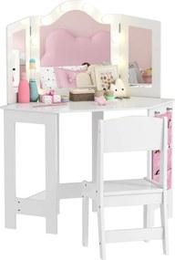 Toucador infantil 2 em 1 com banco, espelho tríptico e luzes LED bicolores 93,6 x 48,5 x 111,5 cm branco