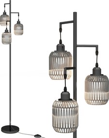 Candeeiro de pé vintage com 3 luzes 25x25x173 cm, abajur de papel tecido, interruptor de pedal, estrutura metálica, para sala, quarto ou escritório, p