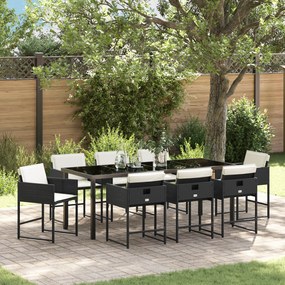 vidaXL Conjunto de Jantar de Jardim de 9 Peças com Almofadas - Rattan Poliéster Preto