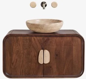 Conjunto De Móvel De Casa De Banho Suspenso 95x45 Cm Em Madeira De Manga E Pedra Natural Kivalina Travertino - Madeira De Mangueira Escura - Sklum