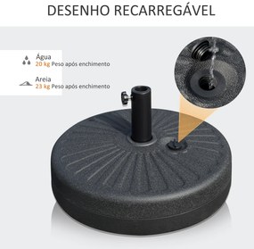 Outsunny Base de Chapéu de Sol de Jardim Recarregável de Água 22kg Suporte de Chapéu de Sol Redondo para Mastros de 38mm/48mm Portátil para Terraço Pátio Ø51x28cm Preto