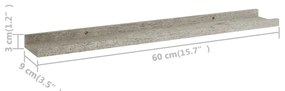 Prateleiras de parede 2 pcs 60x9x3 cm cinzento cimento