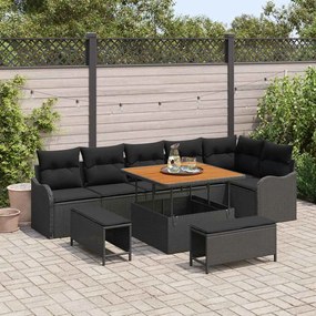 vidaXL Conjunto de Sofá de Jardim 9 Peças com Almofadas Pretas em Polirattan e Acácia