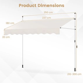 Toldo retrátil manual 2,5 m x 180 cm Sombra exterior ajustável sem perfuração com manivela para pátio, varanda, jardim Branco