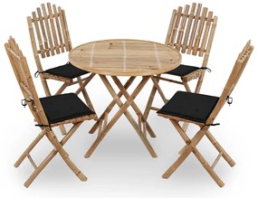 5 pcs conj. de jantar dobrável c/ almofadões p/ exterior bambu