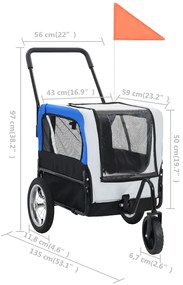 Reboque bicicletas/carrinho para animais 2-em-1 cinzento e azul