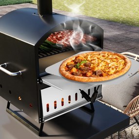 Forno de Pizza Exterior de 2 Camadas Fogão Portátil com Pedra, Pá e Grelhas para Churrasco e Tampa para Acampamento 61 x 53 x 83 cm Preto