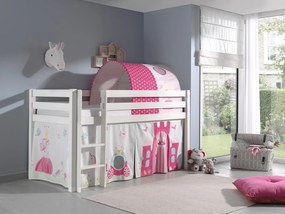 Conjunto Cama alta de Criança PINO 90 x 200 cm + estrado + escada + cortina + túnel Princesa Branca