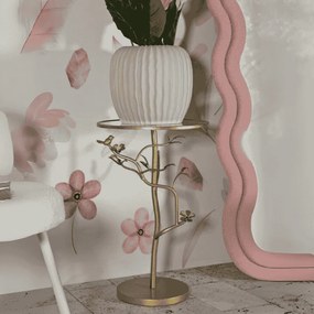 MESA DE APOIO COM PÁSSAROS, DE VIDRO Ø 38X60 CM DOURADO