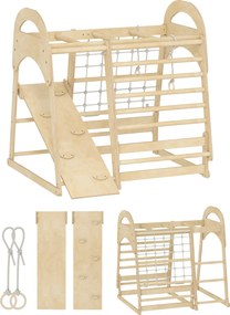 AIYAPLAY Klettergerüst para interiores, design 6 em 1, escorrega, barras de escalada, parede de escalada, escada, rede de escalada, 3-6 anos, madeira | Aosom Portugal