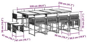 13 pcs conjunto de jantar p/jardim com almofadões vime PE preto