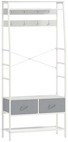 Móvel Cabide de Entrada com Banco Sapateira 8 Ganchos 2 Gavetas de Tecido Barra Prateleira 80x30x180,5 cm Branco e Cinza