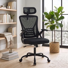 Cadeira de escritório ergonómica, braços rebatíveis, apoio para a cabeça, função de inclinação, altura ajustável, 59 x 62 x 125 cm, preta