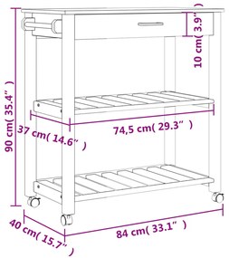 Carrinho de cozinha MONZA 84x40x90 cm madeira de pinho maciça