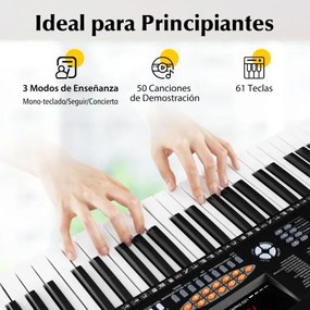 Teclado eletrónico de 61 teclas com 300 ritmos 3 modos de ensino Teclado com ecrã LED Microfone duplo