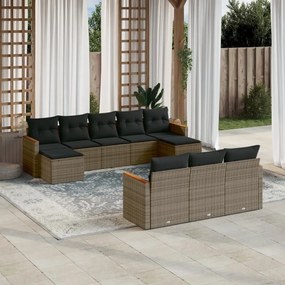 10 pcs conjunto sofás de jardim c/ almofadões vime PE cinzento