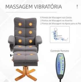 Poltrona Relax Reclinável com Apoio para os Pés 10 Pontos de Massagem Giratória Comando Remoto Bolso Lateral Cinzento Escuro