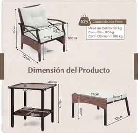 Conjunto de móveis jardim de vime de 5 peças com pufes, almofadas e mesa auxiliar de vidro temperado de 2 níveis para jardim, varanda, Castanho e Bege