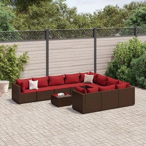 vidaXL 11 pcs conjunto sofás de jardim c/ almofadões vime PE castanho