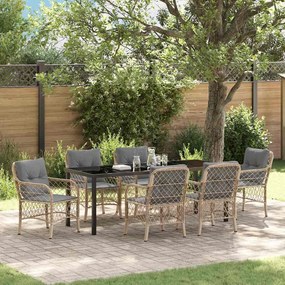 vidaXL Conjunto de Jantar de Jardim 7 Peças com Almofadas Bege Vime Poly