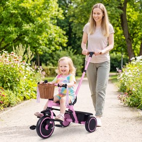 Triciclo Infantil Evolutivo 2 em 1, 94 x 43 x 90-96,5 cm, Pega de Empurrar Ajustável, Cor-de-rosa