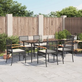 7 pcs conjunto de jantar p/ jardim c/ almofadões vime PE preto