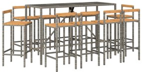 11 pcs conjunto de bar p/ jardim vime PE/acácia maciça cinzento
