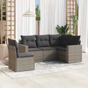 5 pcs conjunto sofás de jardim c/ almofadões vime PE cinzento
