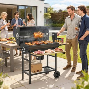 Grelhador a Carvão Portátil Barril com Espeto Elétrico, Prateleiras Dobráveis Rodas e Termómetro