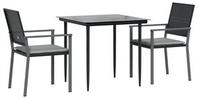 3 pcs conjunto de jantar p/ jardim c/ almofadões vime PE e aço