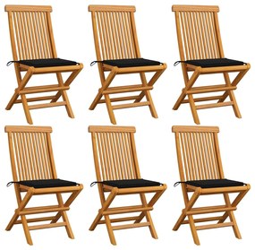 Cadeiras de jardim c/ almofadões pretos 6 pcs teca maciça