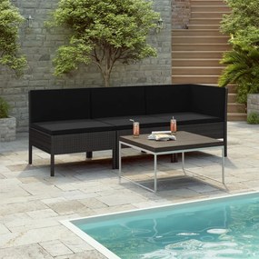 3 pcs conjunto lounge de jardim c/ almofadões vime PE preto